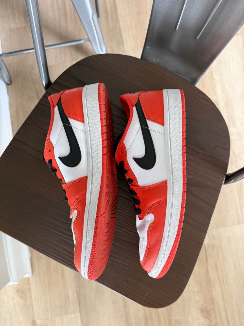 Nike Air Jordans Low Top Sneakers in White, Orange & Black - Picture 4 of 9